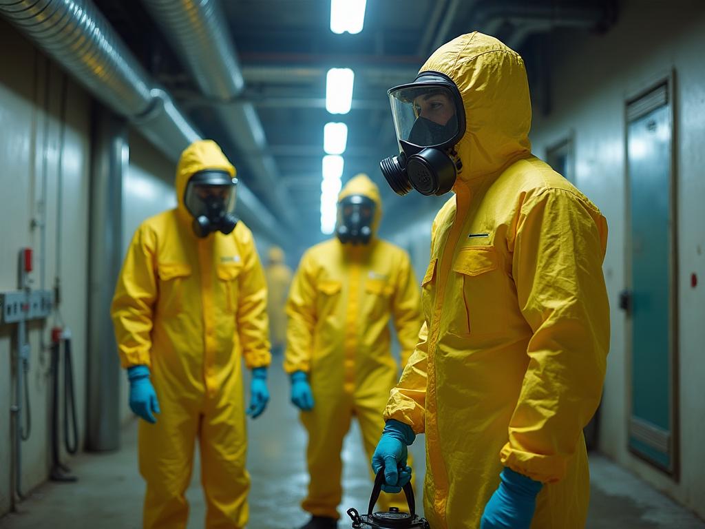 Professional asbestos abatement team in protective gear