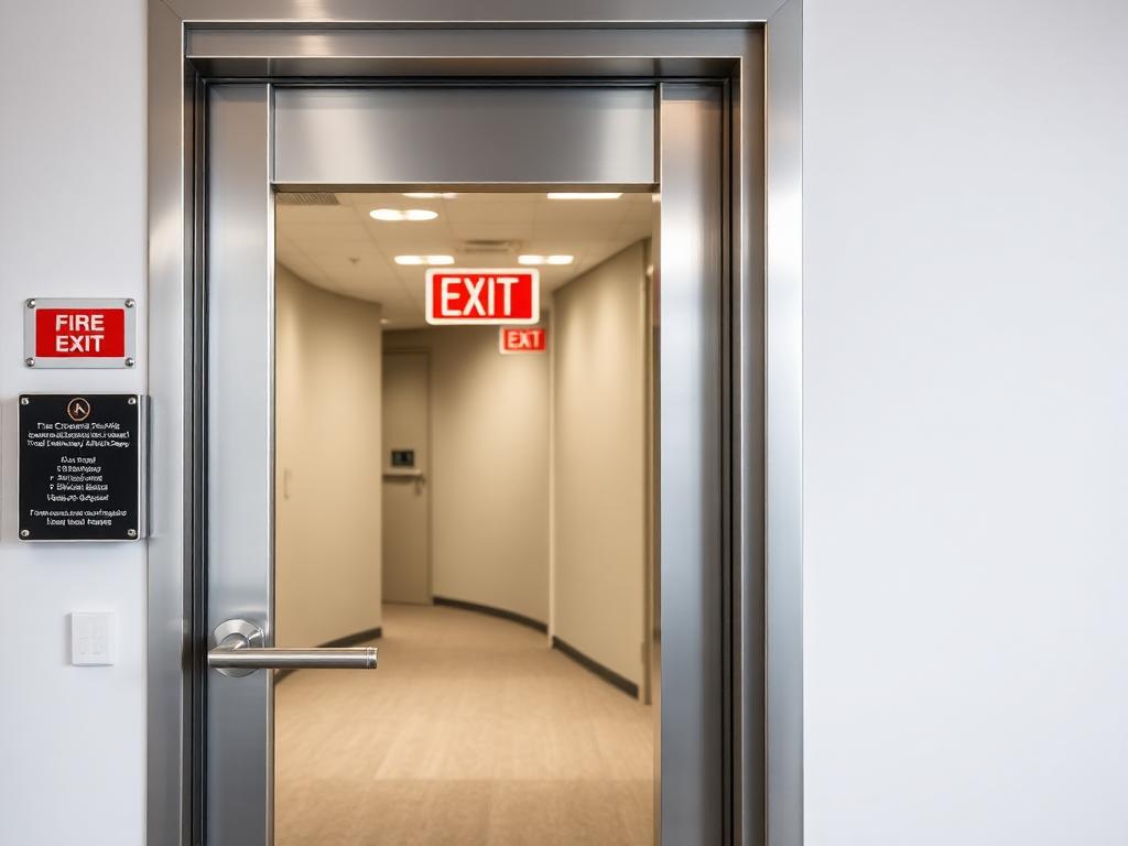 Fire-rated commercial door with exit signage and panic hardware
