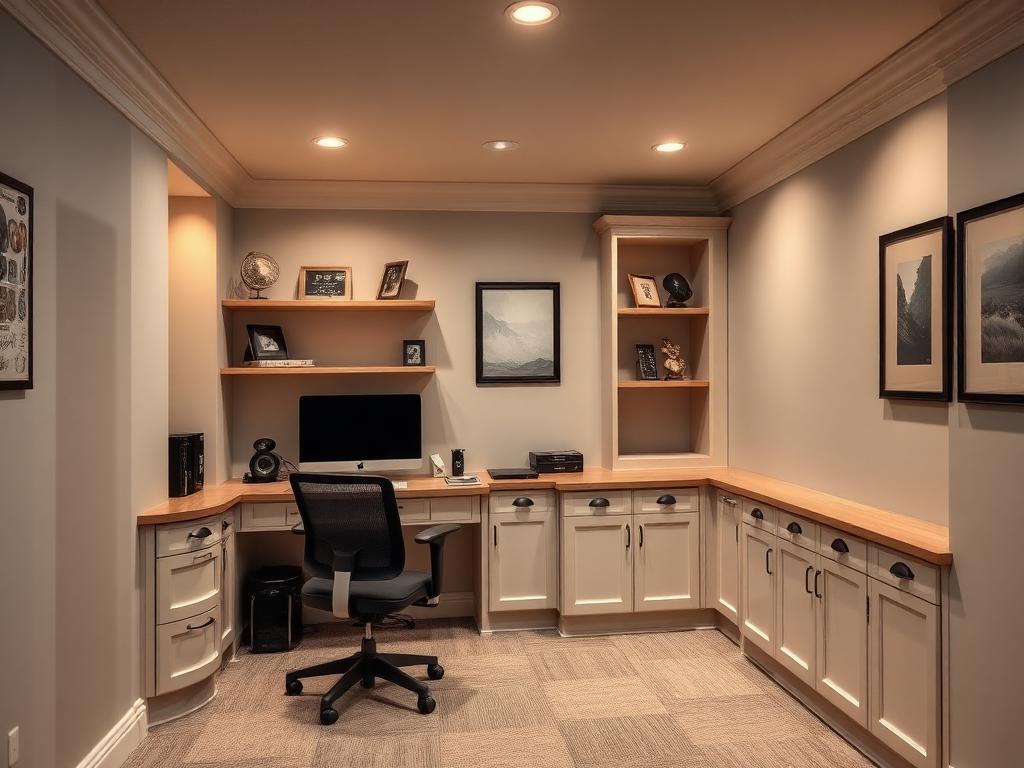 Finished basement home office with built-in desk and shelving