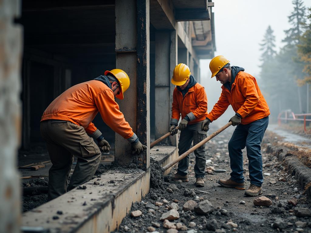 Professional fire damage reconstruction team at work