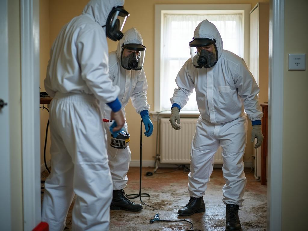 Professional mold remediation team in protective gear