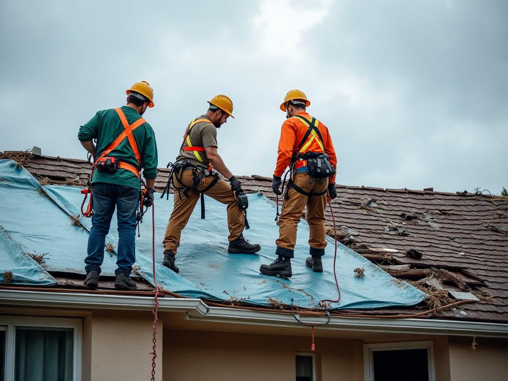Professional storm damage restoration team working on damaged roof